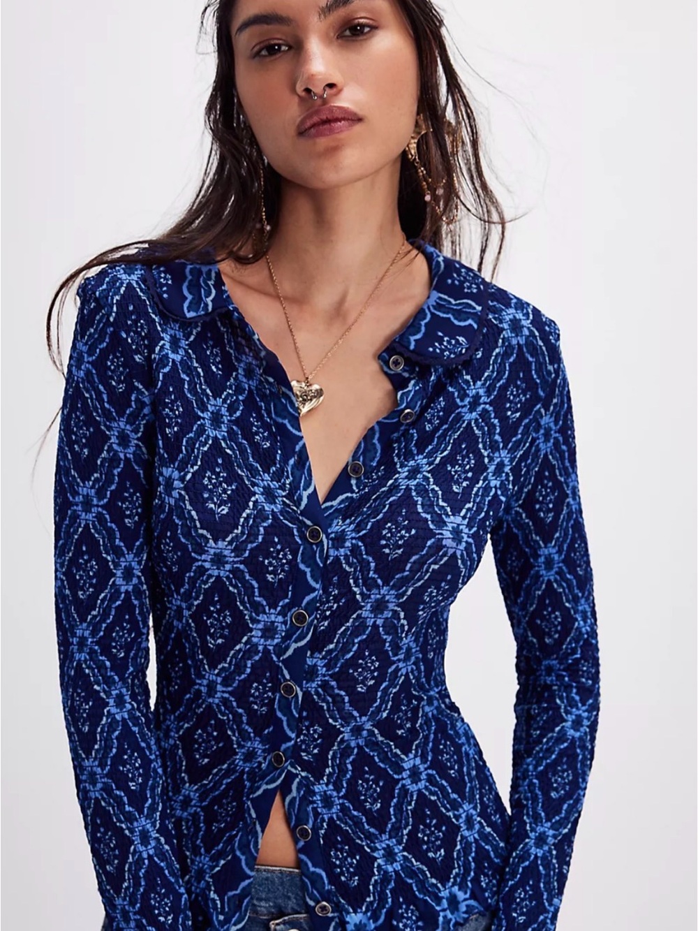 Free People Navy and Light Blue Diamond-Print Button Front Blouse